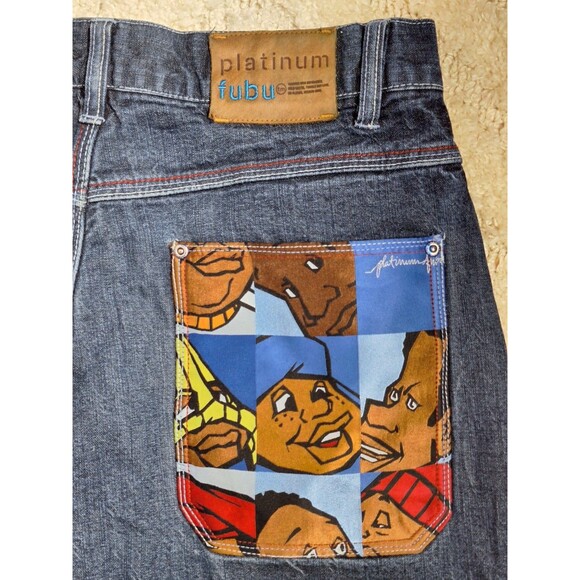 Vtg Y2K PLATINUM FUBU Embroidered Fat Albert Baggy Jeans Mens 34x34 Junkyard Gan - Picture 1 of 15
